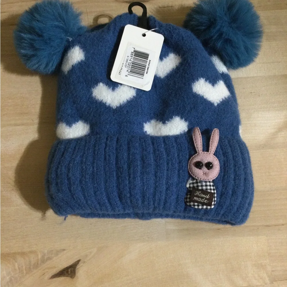Kids Blue Heart Beanie with Pom-Poms
